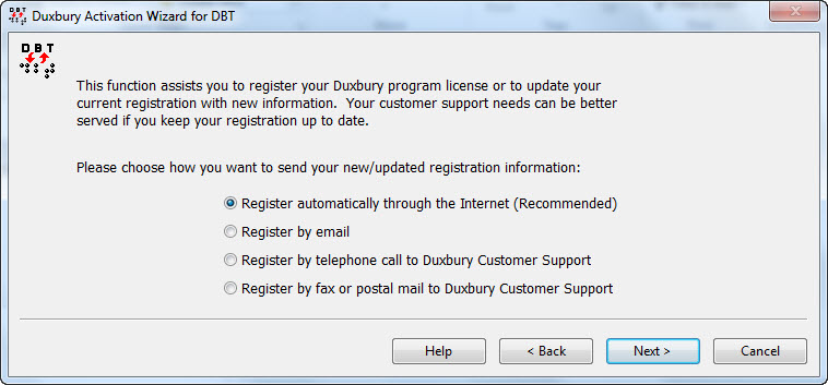 Image shows the four radio button options for meths of Registering DBT.