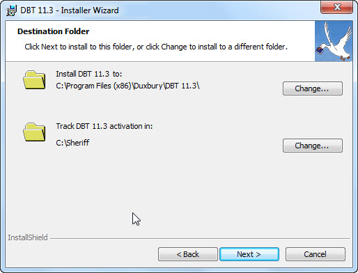 Image shows the installer's Destination Folder dialog. Two folder locations are shown as non-editable text. The first folder location is labelled Install DBT 10.6 to:". The second folder location is labelled "Track DBT 10.6 activation in:". There is a button labelled "Change" next to each folder location. There are three buttons, labelled Back, Next, and Cancel, at the bottom of the dialog.