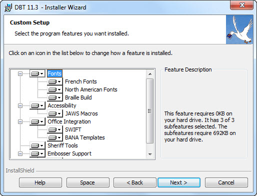 Image shows a Feature Selection dialog. There is a tree control on the left, listing features, an informatoinal panel on the right, describing the feature selected in the tree control, and buttons along the bottom labelled Help, Space, Back, Next, and Cancel.