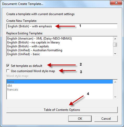 Image shows Document: Create Template dialog with points arrowed as below.