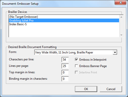 Image shows Document Embosser Setup dialog (As opposed to the Global: Embosser Setup)