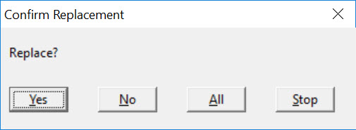 Image shows the "Confirm replace" dialog which has four buttons. Yes, No, All and Stop.