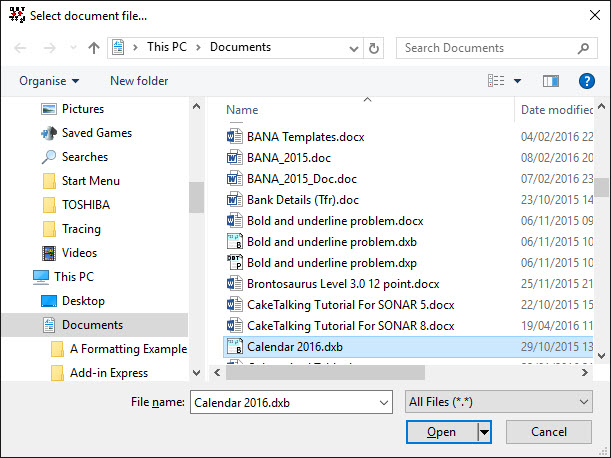 Image shows the Open File dialog, which is actually titled "Select document file".