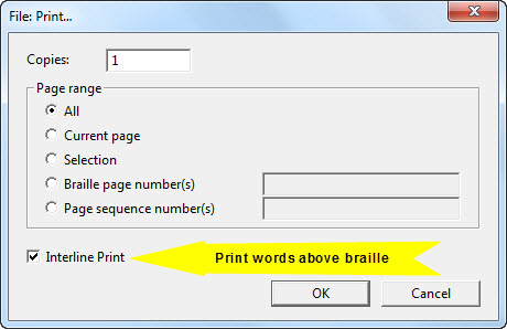 Image shows the Print dialog for Braille documents where there is an available Interline Print check box.