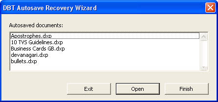 Image shows the DBT Autosave Recovery Wizard listing Autosaved documents..