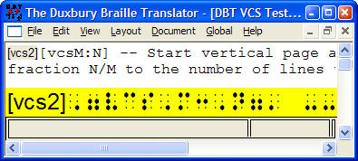 Image shows a text file with codes showing and the translated line below displaying the Simbraille font.