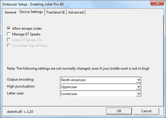 Image shows Global: Embosser Setup: Device Settings dialog.