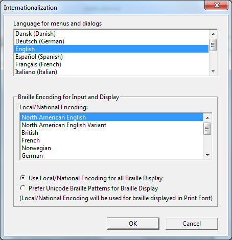 Image shows Internationalization dialog with Language for menus and dialogs and braille code for display.