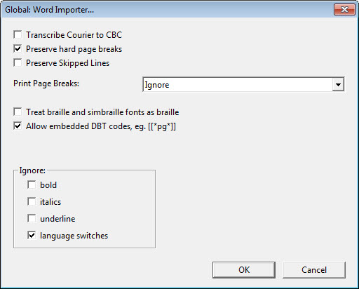 Image shows the Global: Word Importer dialog.