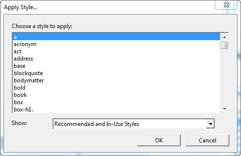 Image shows "Apply Style..." dialog with "bold" highlighted.