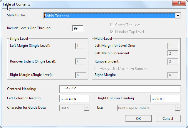 Image shows the Layout, Table of Contents dialog.