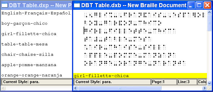 Image shows DBT print and translated braile file in in-line format.