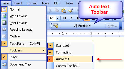 Image shows the View menu, Toolsbards and autotext selected.