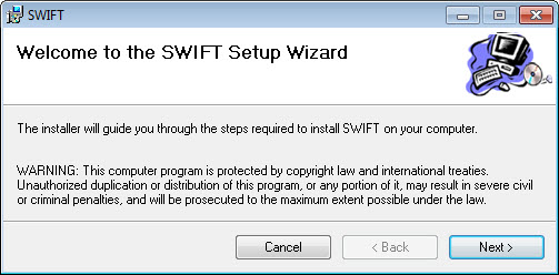 Image showing the SWIFT Installatioin Welcome dialog.