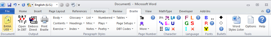 Image shows the SWIFT Braille Ribbon when BANA Literary is selected.