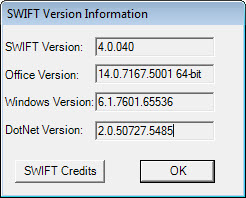 SWIFT Version information dialog
