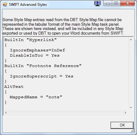 Image of the SWIFT Advanced Style dialog
