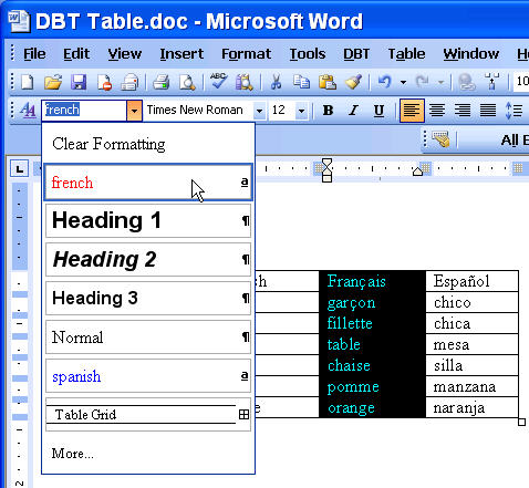 Image shows the dialogs associated with applying the french Style to the previously highlighted French Column.