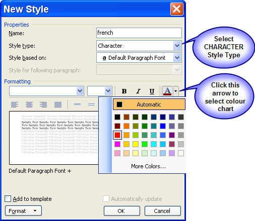 Image shows Word's New Style dialog with the font colour option showing.