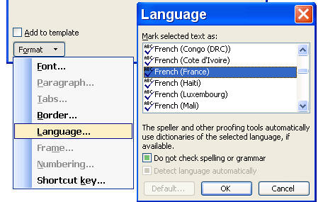 Image shows the dialogs which come up when the Format button, then Language is selected.