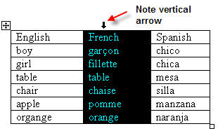 Image shows the Word table with the French column selected.