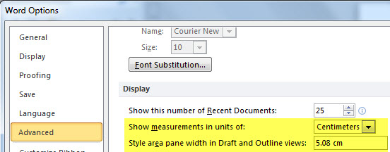 Image shows Word 2010's Advanved Options, Display section with "Show Measurements in Units of:" and "Style area pane width in Draft and Outline views:" highlighted in yellow.
