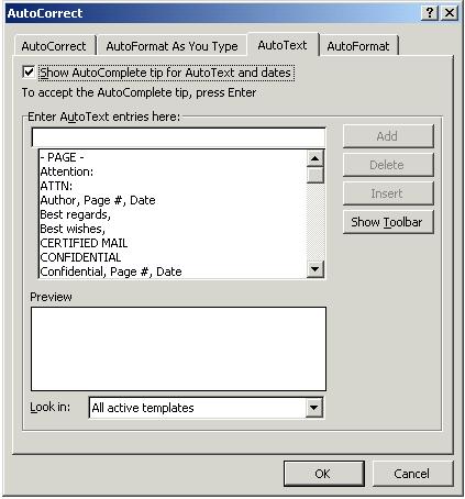 Image - AutoCorrect - AutoText Control Tab dialog which shows the check box, "Show Autocomplete tip for AutoText and Dates" checked.