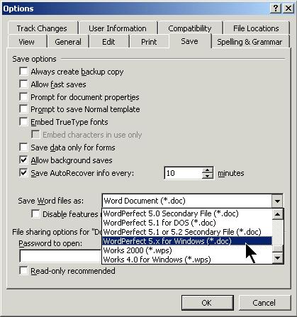 Image showing Word's Options dialog with the Save Control Tab in focus.