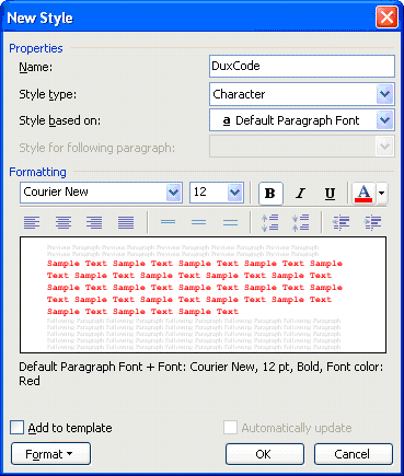 Image shows Word's New Style dialog