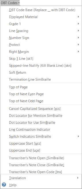 DBT Codes Menu for BANA UEB template