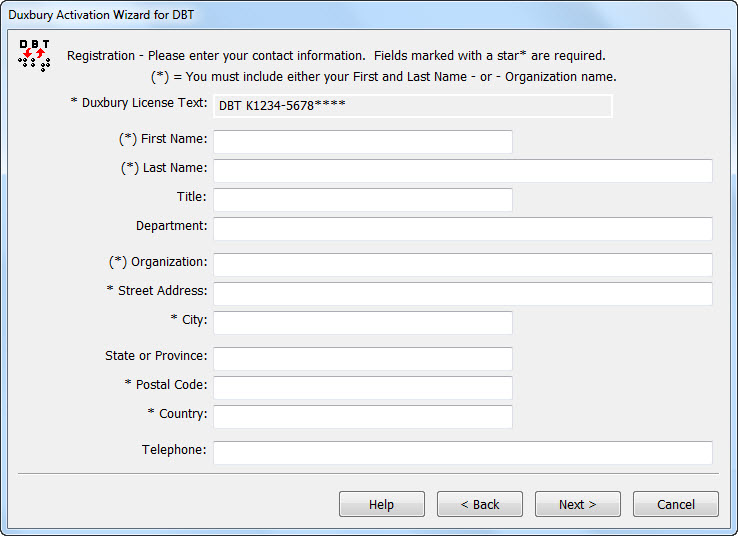 Image shows the Registration form which will be submitted to Duxbury Systems