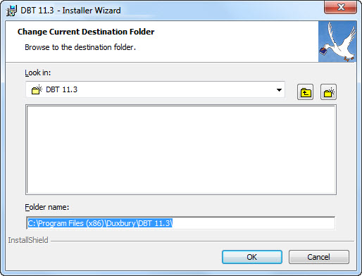 Image shows a dialog prompting to Change Current Destination Folder. There is a drop-down list showing the currently selected destination folder, toolbuttons to navigate to the parent directory or create a new subdirectory, an empty list showing the current contents of the destination folder, an editable text field showing the full path to the current destination folder, and OK and Cancel buttons.