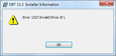 Image shows a dialog with the text: "Error 1303: The installer has insufficient privileges to acess this directory: D:\Program Files. The installation cannot continue. Log on as an administrator or contact your system administrator." A button labelled OK appears at the bottom of the dialog.