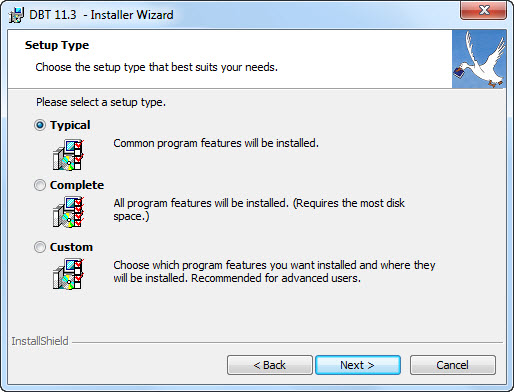 Image shows Installer Wizard with Radio Buttoms to select Typical, Complete or Custom installation