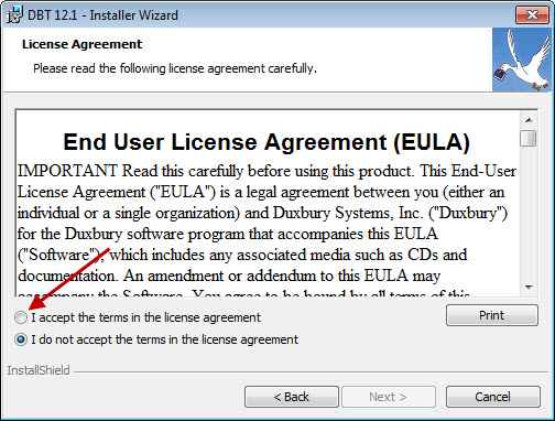 End User License Agreement with accept or reject radio buttons showing