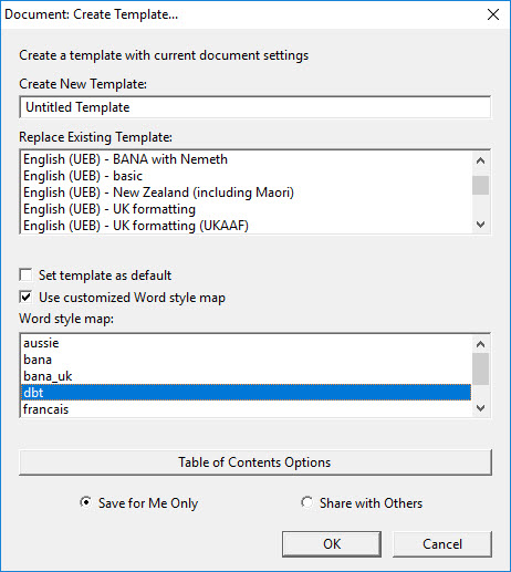 Image shows Document: Create Template dialog with points arrowed as below.