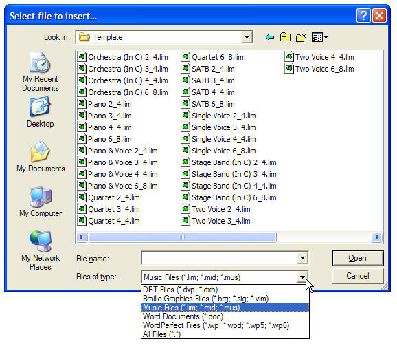 Image shows the "Select file to import" dialog, and in this example Musiuc files have been selected from the "Files of type:" drop down selecdtion list.