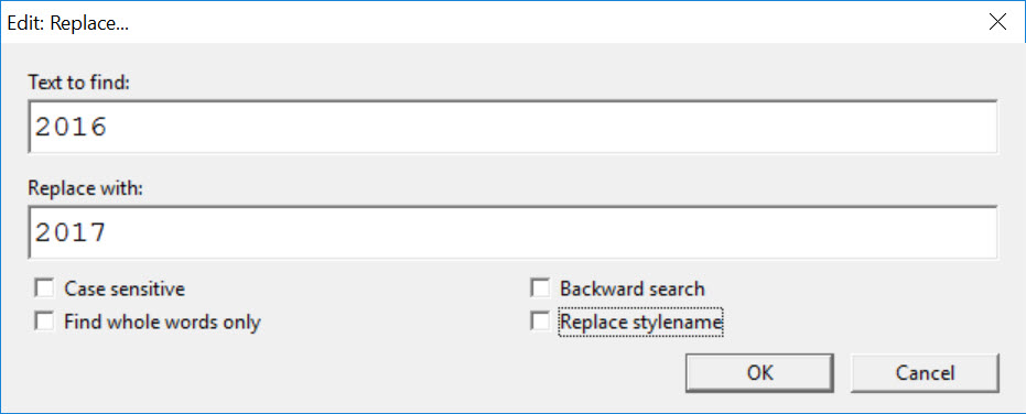 Image shows the Edit: Replace dialog