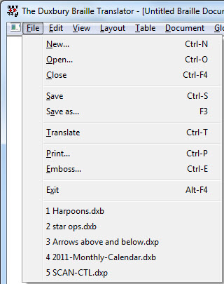 Image shows the content of the File drop down menu, and listing the most recently used files at the bottom.