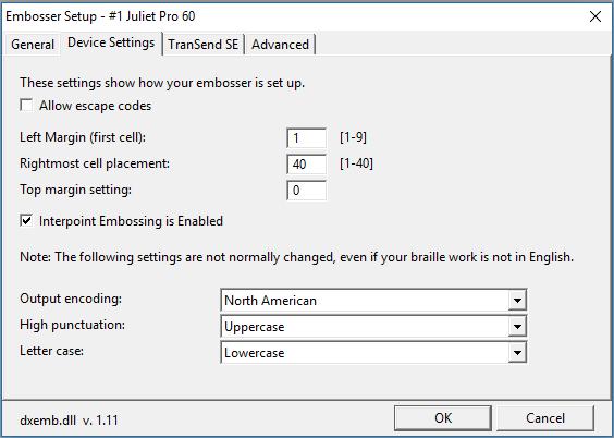 Image of Global Embosser Setup: Device Settings, when Allow Escape Codes is not set.