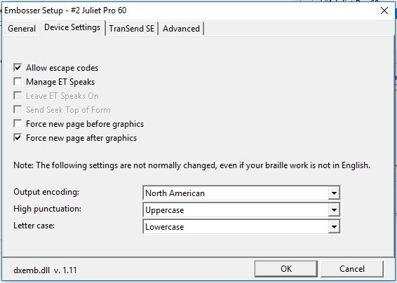 Image of Global Embosser Setup: Device Settings for Juliet Pro 60 with allow escape codes set, showing different controls that appear.