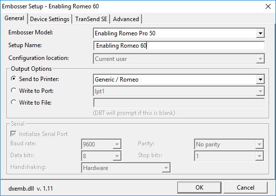 Image shows Glbal: Embosser Setup: General dialog.