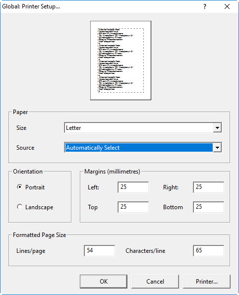 Image shows the Printer Setup dialog.