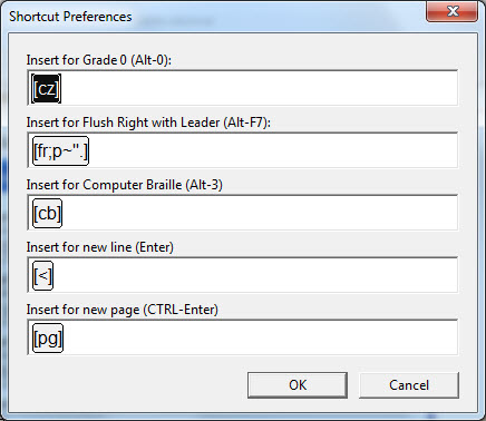 Images shows the Global: Shortcut Preferences dialog populated as follows.