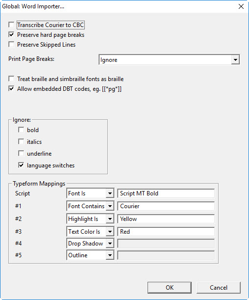 Image shows the Global: Word Importer dialog.