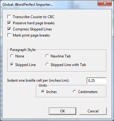 Image shows the Global: WordPerfect Importer dialog.