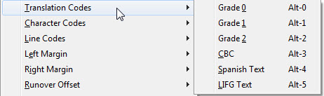 Image shows the Translation Codes selected and the available selections in a sub-menu.