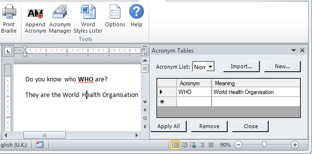Image of Word with Acronym Table dialog showing.