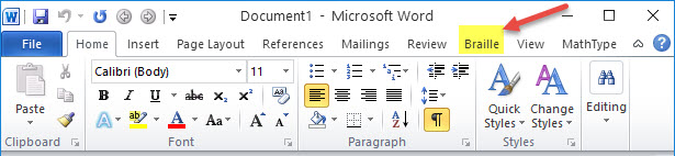 Word ribbons showing the "Braille" tab