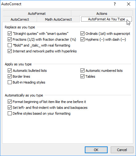 AutoFormat As You Type dialog